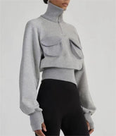 Frühling Sommer Frauen Kleidung Stehkragen Lose Taschen Dekorative Pullover